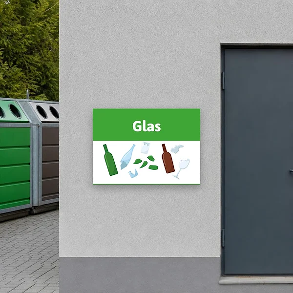 Grünes Hinweisschild für einen Glascontainer oder Sammelplatz für Glasentsorgung an einer Hauswand im Außenbereich