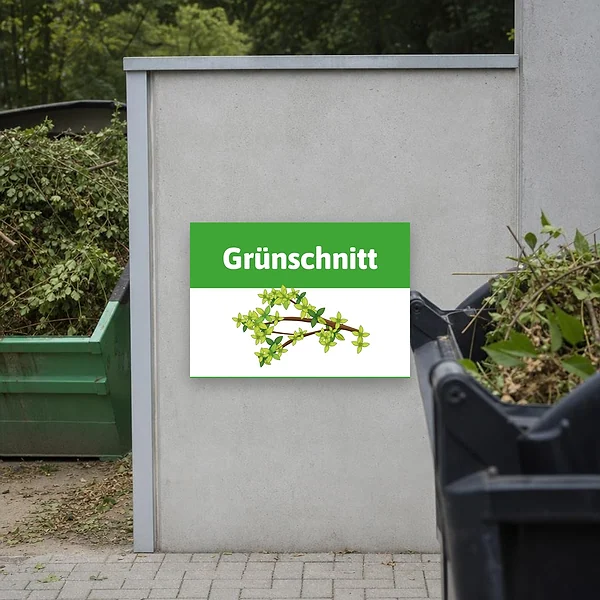 Ein Grünschnitt-Schild an einer Garten- oder Hoffläche, das auf die Ablage von Schnittgut und Gartenabfällen hinweist.