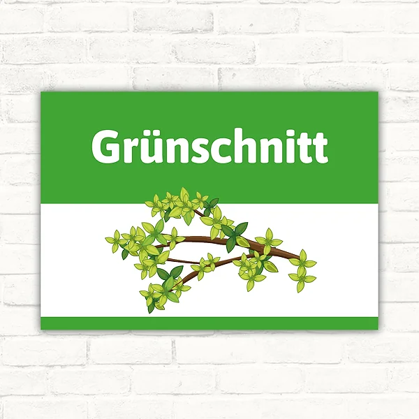 Schild mit dem Motiv Grünschnitt und Astzweig auf grün-weißem Hintergrund.