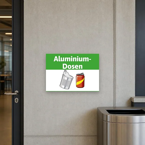 Beschilderte Mülltrennungsstation mit dem Hinweis auf Aluminium-Dosen an einem Sammelbereich für Wertstoffe