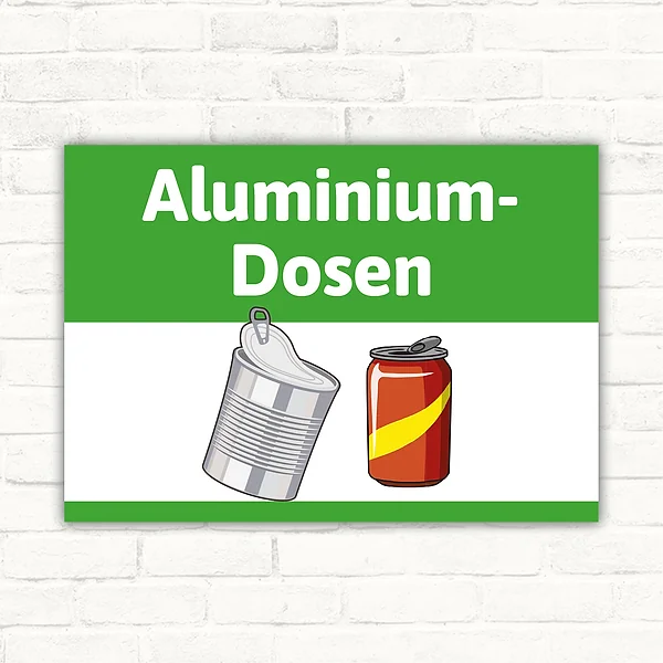 Hinweisschild mit der Aufschrift Aluminium-Dosen und Symbolen einer Aludose und einer Getränkedose