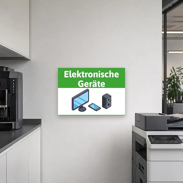 Elektronische Geräte Hinweisschild in einem Sammelbereich für Elektroaltgeräte mit klarer Beschriftung und Symbolen für Monitor, Smartphone und Lautsp