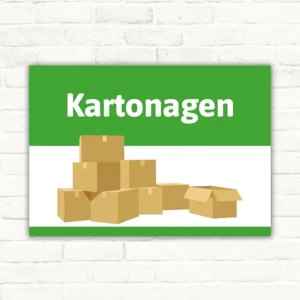 Schild mit dem Motiv Kartonagen und gestapelten braunen Kartons auf grün-weißem Hintergrund