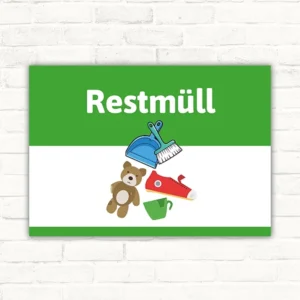 Restmüll Schild mit grün-weißem Hintergrund und Symbolen für Kehrschaufel, Besen und Abfall