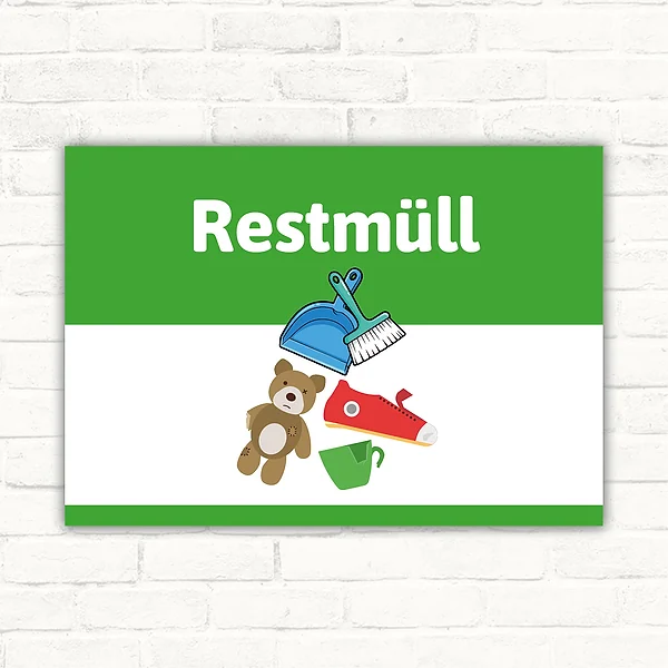 Restmüll Schild mit grün-weißem Hintergrund und Symbolen für Kehrschaufel, Besen und Abfall