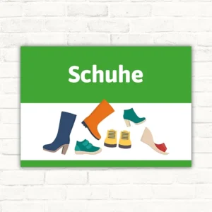 Hinweisschild mit der Aufschrift Schuhe und bunten Schuhmotiven