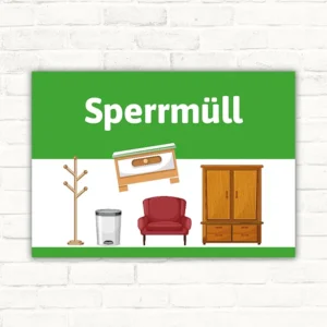 Schild mit dem Motiv Sperrmüll und Symbolen für Möbel und Abfälle