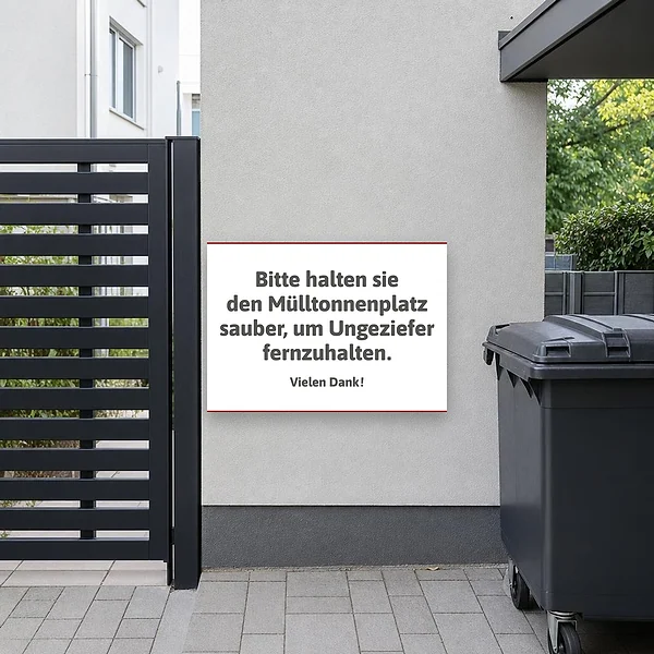 Ein weißes Hinweisschild mit roter Umrandung hängt an einer Außenwand im Bereich eines Mülltonnenplatzes und erinnert an Sauberkeit sowie Ordnung.