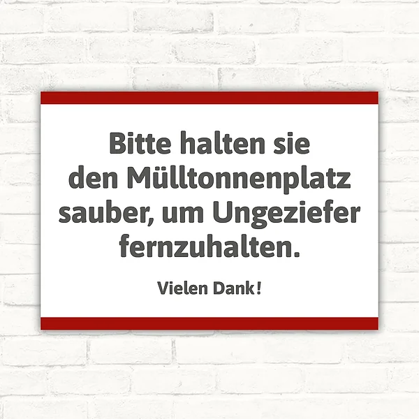 Schild mit dem Text „Bitte halten Sie den Mülltonnenplatz sauber, um Ungeziefer fernzuhalten. Vielen Dank!“ in Querformat mit weißem Hintergrund, dunk