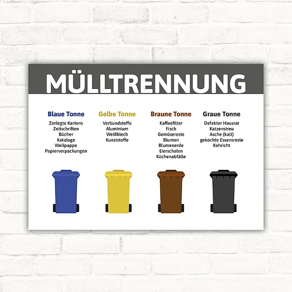 Mülltrennung Schild mit Blaue Tonne, Gelbe Tonne, Braune Tonne und Graue Tonne in Querformat