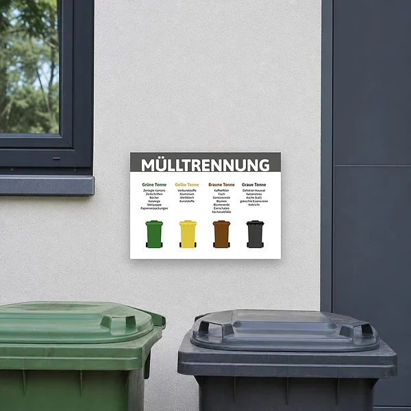 Beschilderung an einem Müllplatz mit übersichtlichem Hinweis zur Trennung in grüne, gelbe, braune und graue Tonne