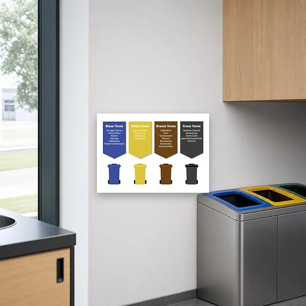 Vierfarbiges Mülltrennungsschild an einem Müllplatz mit nebeneinanderstehenden Tonnen für Restmüll, Biomüll, Papier und Wertstoffe