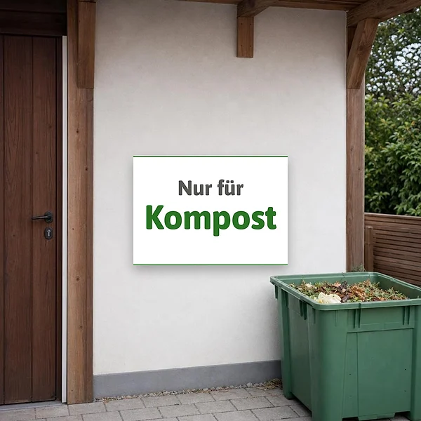 Ein weißes Hinweisschild mit grünem und grauem Text an einem Kompostbereich im Garten zur eindeutigen Kennzeichnung der Kompostentsorgung