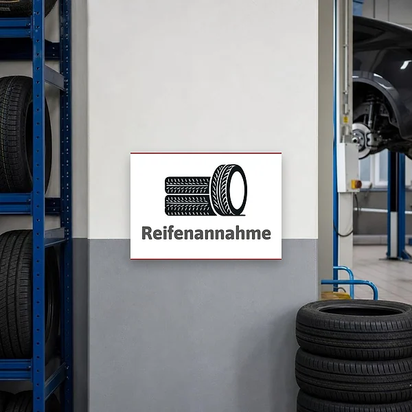 Reifenannahme-Schild an einer Werkstattzufahrt zur Kennzeichnung des Annahmebereichs für Reifen