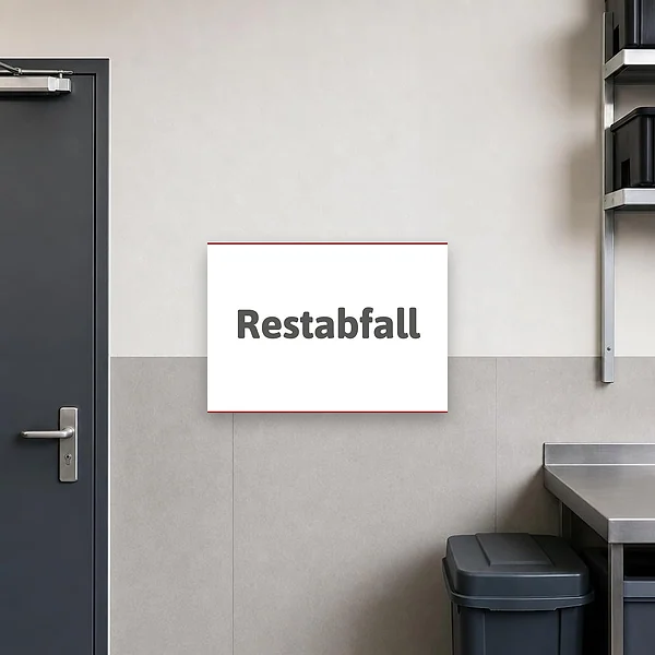 Beschilderte Restabfall-Sammelstelle an einer Mülltonnenbox im Außenbereich mit gut sichtbarem Hinweisschild