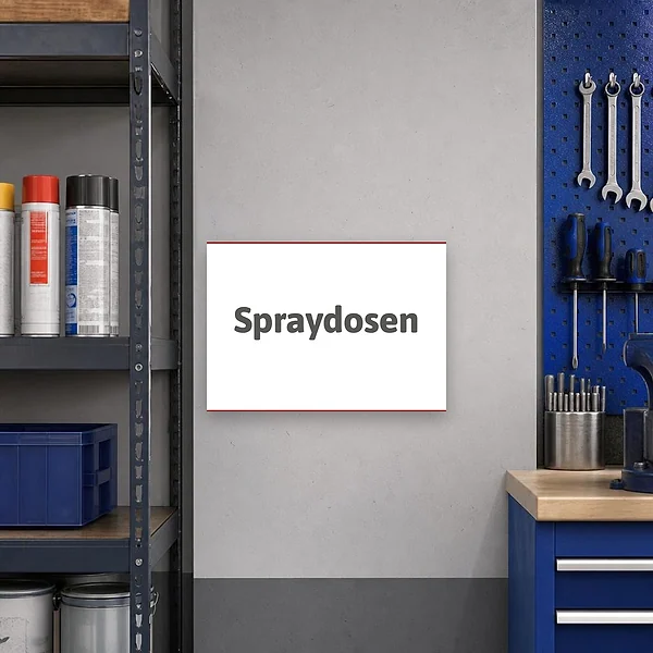 Ein querformatiges Hinweisschild mit der Beschriftung Spraydosen an einer Werkstatt- oder Lagerwand zur deutlichen Kennzeichnung eines Sammelbereichs.