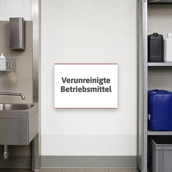 Ein Verunreinigte-Betriebsmittel-Schild kennzeichnet einen Entsorgungsbereich in Labor oder Werkstatt an der Wand über einem Sammelbehälter.
