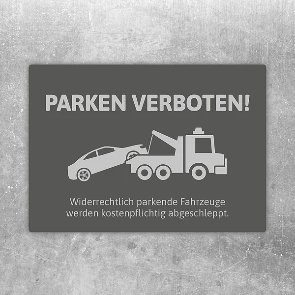 Aufkleber mit der Aufschrift Parken verboten und Abschlepper in edlem Grau für Parkflächen.