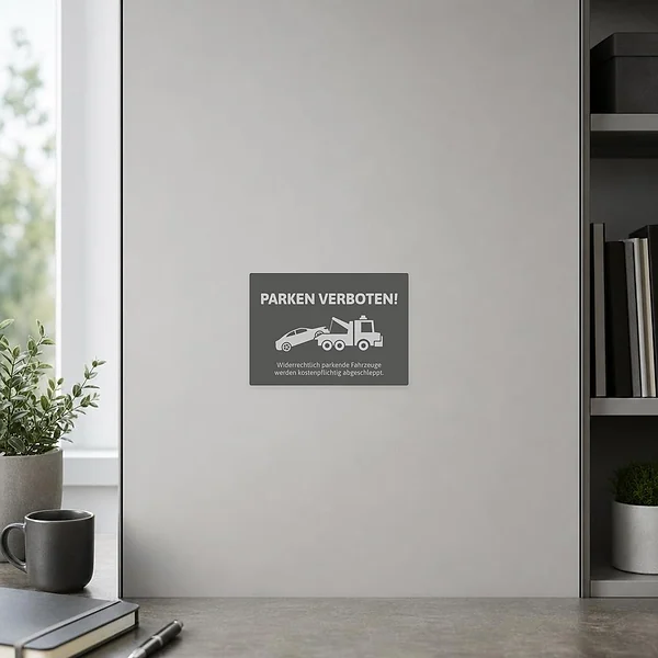 Grauer Aufkleber mit Parken-verboten-Hinweis und Abschlepper für private oder gewerbliche Stellplätze.