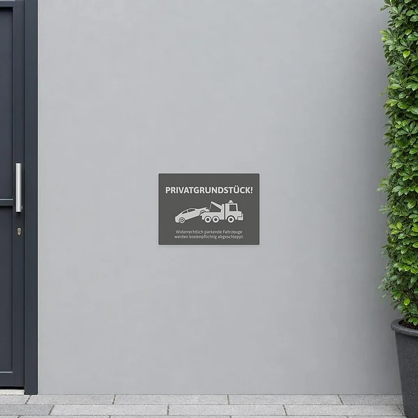 Grauer Aufkleber für Privatgrundstück mit Abschleppwagen, der unberechtigtes Parken deutlich anspricht.