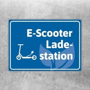 Blauer Aufkleber mit Hinweis E-Scooter Ladestation für Elektroroller und E-Roller.