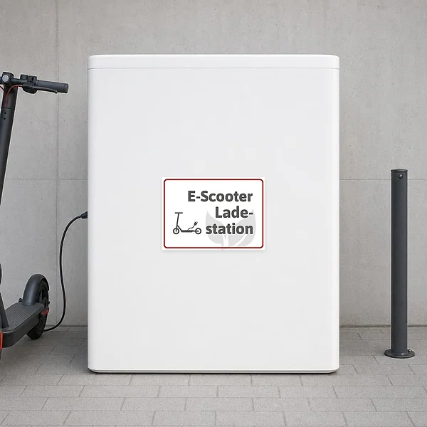 Weiße Hinweisaufkleber für eine E-Scooter-Ladestation mit klarer Beschriftung und Rollersymbol.
