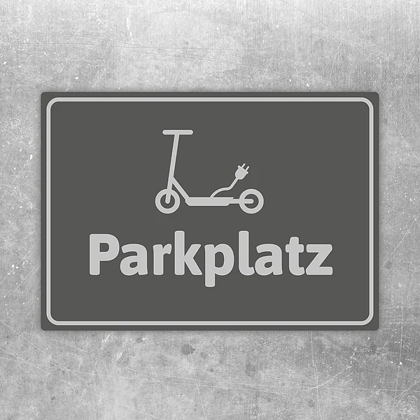 Grauer Aufkleber mit E-Scooter-Symbol und dem Hinweis Parkplatzzone für den Abstellbereich.