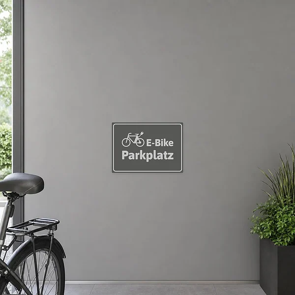 Grauer Hinweisaufkleber für einen E-Bike-Parkplatz mit Fahrradicon und klarer Beschriftung.
