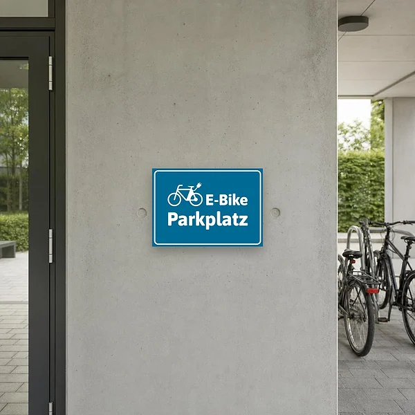 Blauer Schild mit Fahrradsymbol und dem Text E-Bike Parkplatz zur Markierung eines E-Bike-Stellplatzes.