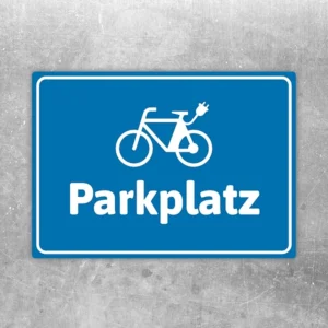 Blauer Aufkleber mit E-Bike-Symbol und der Aufschrift Parkplatz für Stellflächen.