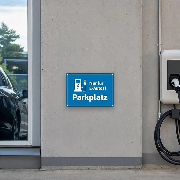 Blauer Hinweisschild für einen E-Autos-Parkplatz mit Ladesymbol und klarer Parkplatzbeschriftung.