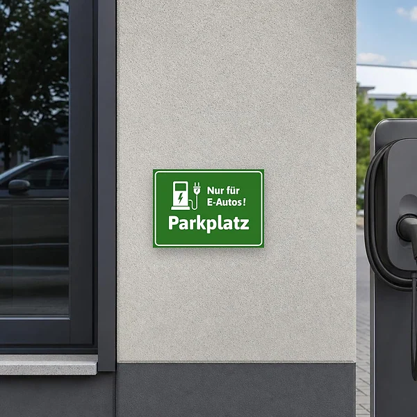 Grüner Schild mit dem Hinweis Nur für E-Autos Parkplatz für reservierte Stellplätze.