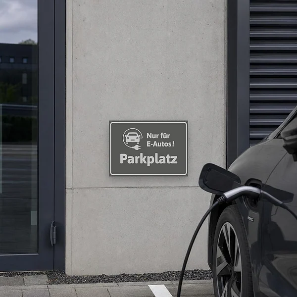Grauer Schild für E-Autos-Parkplatz mit Auto, Ladestecker und klarer Stellplatzkennzeichnung.