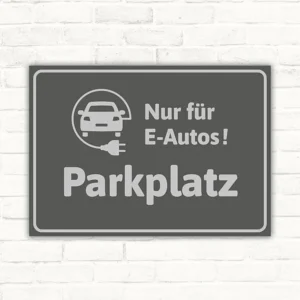 Schild mit Auto- und Stecker-Symbol sowie dem Hinweis Nur für E-Autos Parkplatz in Grau.