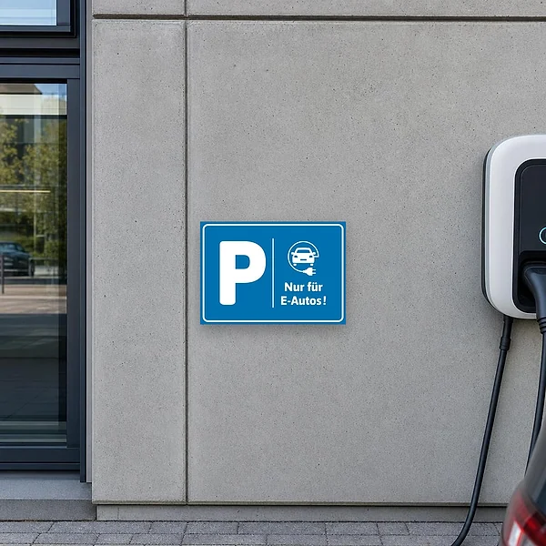 Blauer Parkplatzschild mit großem P und dem Hinweis Nur für E-Autos.