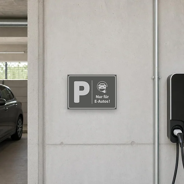 Grauer Schild für einen E-Autos-Parkplatz mit P-Symbol und Hinweis auf reservierte Stellfläche.