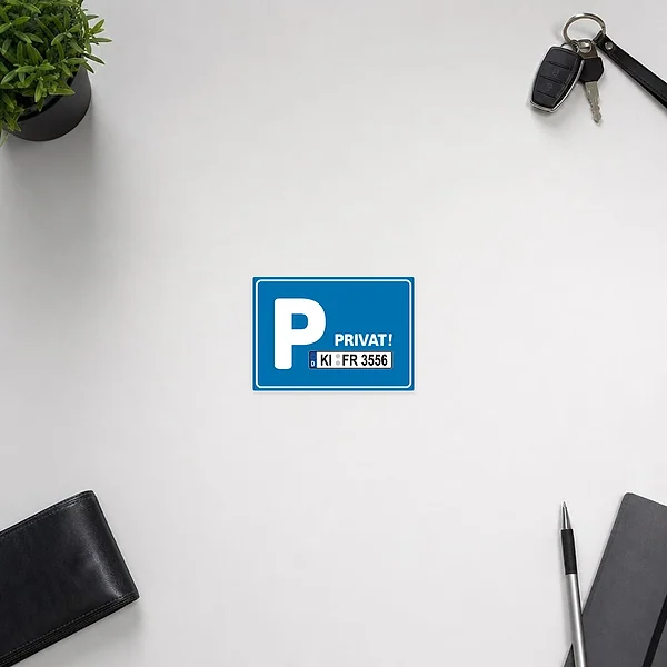 Blau-weißer Aufkleber für einen Privatparkplatz mit großem P und individuellem Kennzeichen im Motiv.