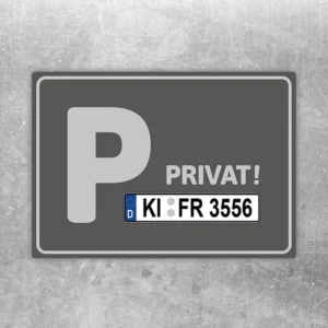 Grauer Aufkleber für Privatparkplatz mit großem P, Privat-Hinweis und individuellem Kennzeichen.
