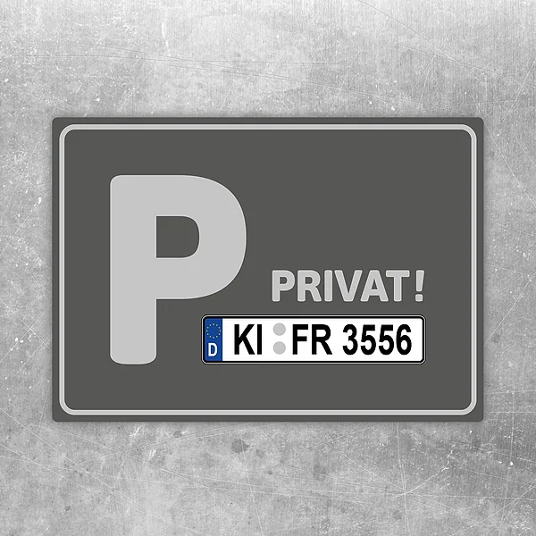Grauer Aufkleber für Privatparkplatz mit großem P, Privat-Hinweis und individuellem Kennzeichen.