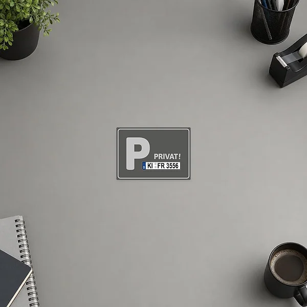 Aufkleber mit Privatparkplatz-Motiv und Kennzeichenzeile für reservierte Stellplätze in edlem Grau.