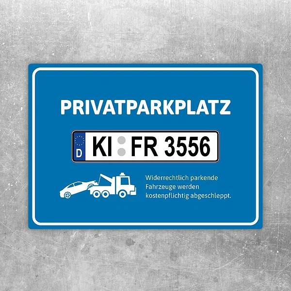 Blauer Aufkleber für Privatparkplatz mit individuellem Kennzeichen und Abschleppwagen.