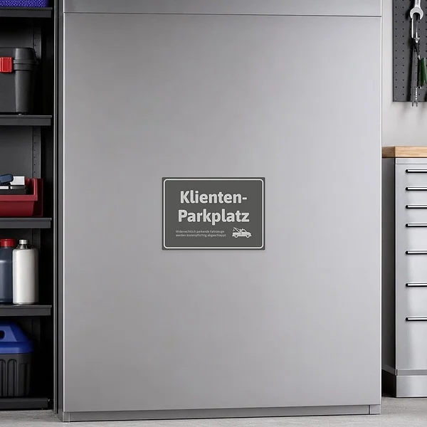 Aufkleber Klientenparkplatz mit grauem Design und Abschlepper-Symbol zur Kennzeichnung eines reservierten Parkplatzes.