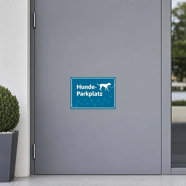 Aufkleber Hunde-Parkplatz blau mit Hund und Pfoten als klare Kennzeichnung für Besucherstellplätze.