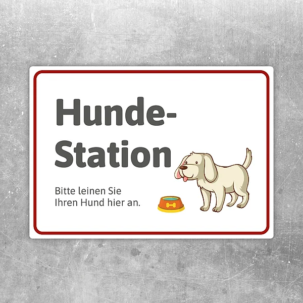 Aufkleber Hundestation-Comic weiß mit Hund, Napf und dem Hinweis, den Hund hier anzuleinen.