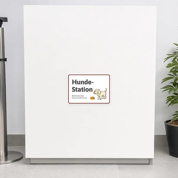 Freundlicher Hinweisaufkleber mit Comic-Hund und Napf für eine Hundestation mit Leinenhinweis.