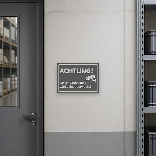 Schwarzer Schild Video-Grundstück mit Warntext und Kamerasymbol für den Eingangsbereich.