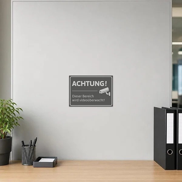 Horizontale Ansicht eines Aufklebers Video-Bereich mit Warntext und Kamerasymbol.