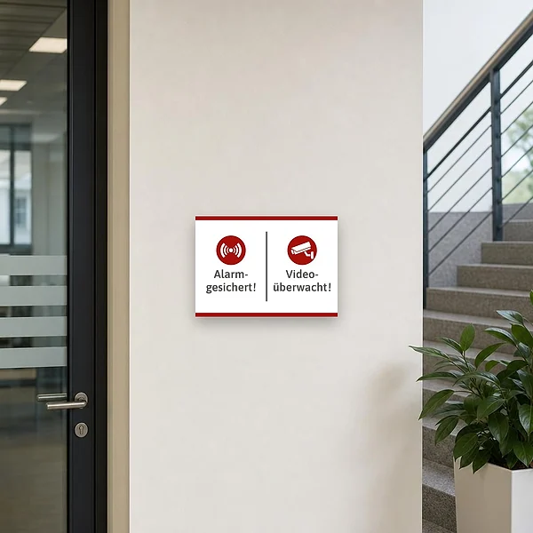Hinweisschild Video-Alarm für Türen, Eingänge und überwachte Bereiche im Gewerbe oder Privatbereich.