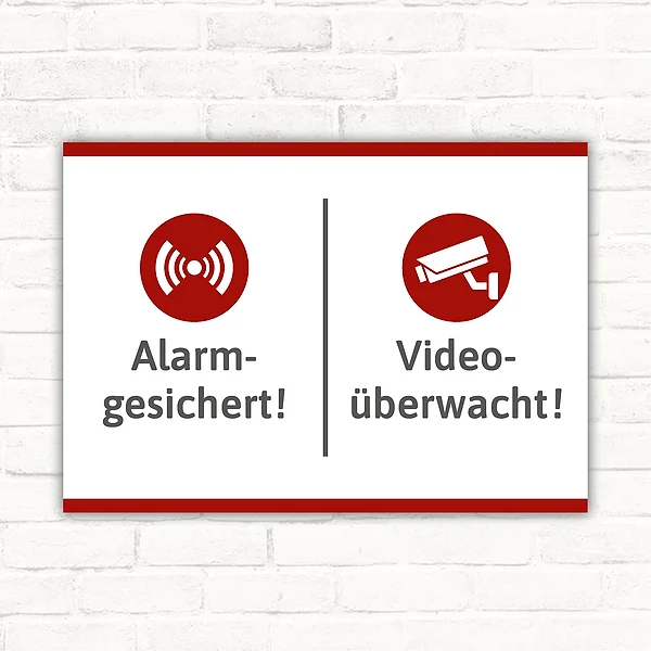 Schild mit dem Hinweis Video-Alarm, alarmgesichert und videoüberwacht für Eingänge und Zugänge.