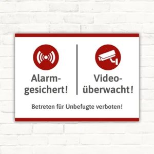 Schild Video-Alarm-Unbefugt mit Kamera- und Alarmsymbol für gesicherte Eingänge.